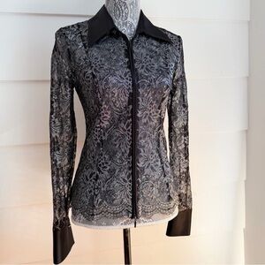Vintage Y2K Caché Black and Silver Lace Zip Up Top